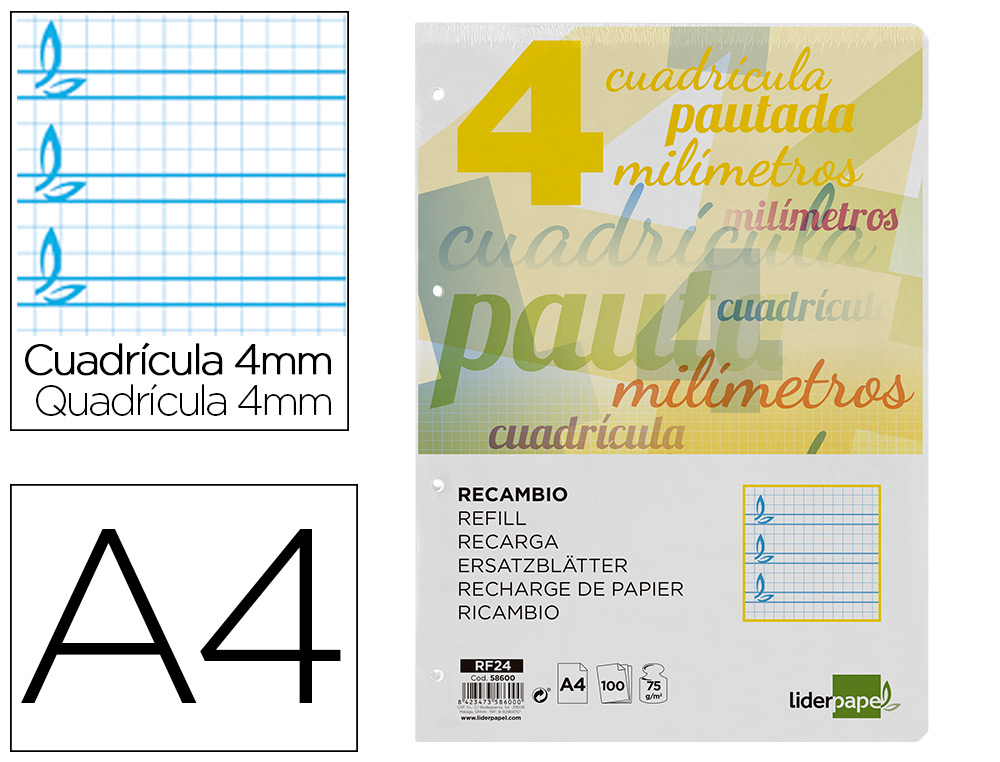 RECAMBIO LIDERPAPEL A4 PAUTAGUIA 100 HOJAS 75 G CUADRICULADO PAUTADO 4 MM CON MARGEN 4 TALADROS