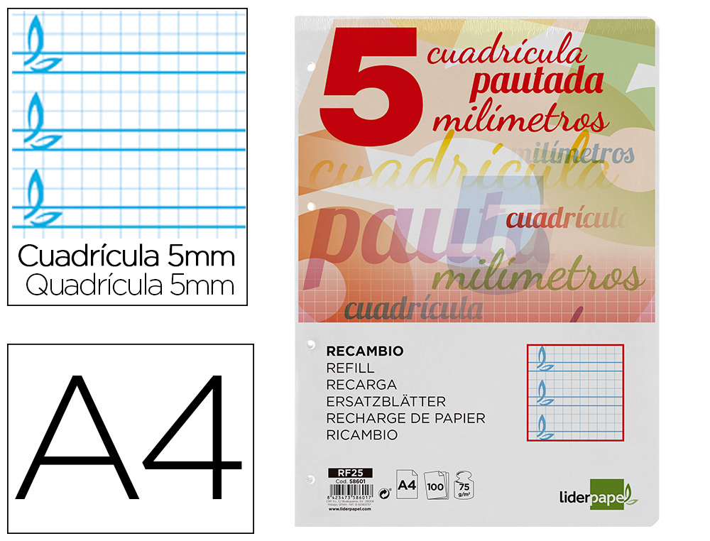 RECAMBIO LIDERPAPEL A4 PAUTAGUIA 100 HOJAS 75 G CUADRICULADO PAUTADO 5 MM CON MARGEN 4 TALADROS