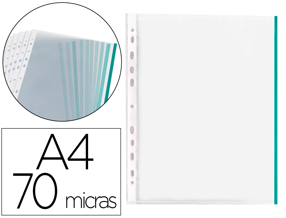 FUNDA MULTITALADRO Q-CONNECT DIN A4 70 MC PP CRISTAL CON BORDE VERDE BOLSA DE 10 UNIDADES